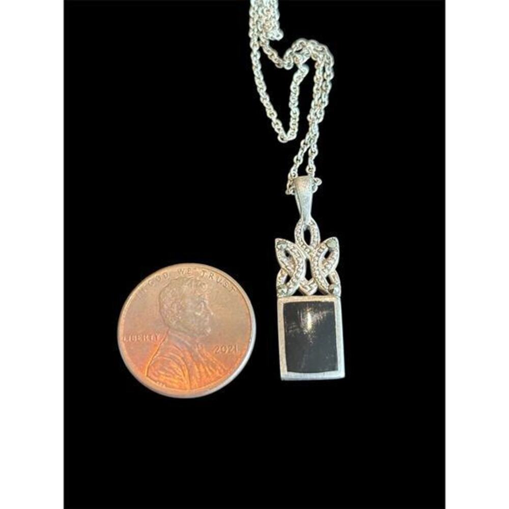 Petite Sterling Silver Black Onyx Inlay Marcasite Pendant And 18” Chain 925